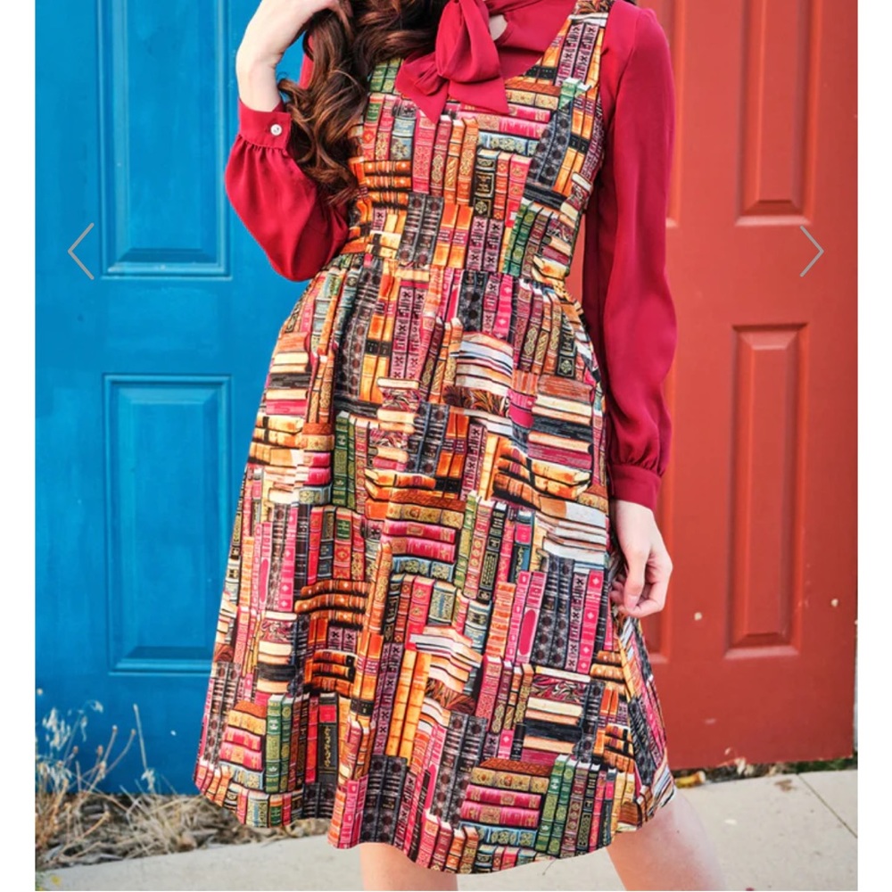 ModCloth Multicolor Book print retro flare Dress librarian teacher frizzle - Picture 6 of 7